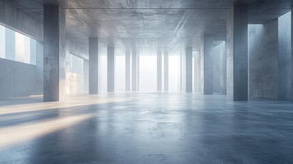 Poster - 3D rendering of a modern abstract architectural space featuring a bare concrete floor ideal for showcasing vehicles