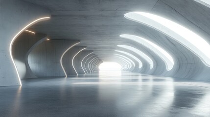 Poster - 3D rendering of abstract futuristic architecture featuring an empty concrete floor designed for showcasing vehicles