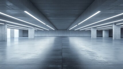 Poster - 3D rendering of an abstract modern architectural space featuring an empty concrete floor designed for showcasing vehicles