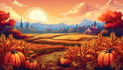Wall Mural - Pixelated Autumn Field Landscape - pixel art scene of an autumn farmers field with crops ready for harvesting. Game design poster. Graphic art 8 bit illustration. Ai Generative