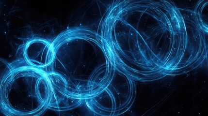 Abstract blue rings and spheres created from energy magic waves smoke circles and luminous lines set against a black background