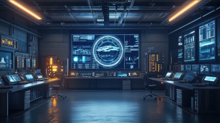 Poster - Futuristic Control Room with Multiple Monitors and Data Displays