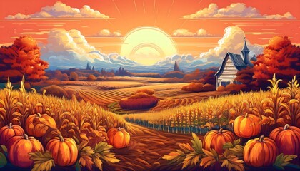 Wall Mural - Pixelated Autumn Field Landscape - pixel art scene of an autumn farmers field with crops ready for harvesting. Game design poster. Graphic art 8 bit illustration background