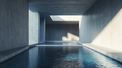 Poster - Abstract concrete interior featuring blue water Architectural design concept illustrated in 3D rendering