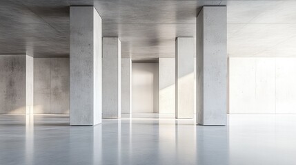 Poster - Abstract concrete showroom featuring columns and a modern geometric design with a white floor and wall backdrop 3D rendering