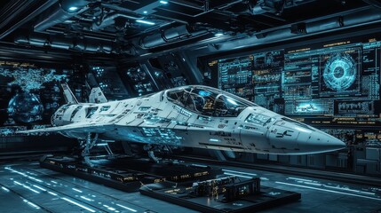 Wall Mural - futuristic spaceship in hangar with digital displays