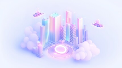 Poster - Futuristic Cityscape with Neon Lights and Clouds