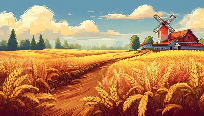 Wall Mural - Golden Harvest Pixelated Field - 16-bit pixel art scene of a ripe farmers field ready for harvesting with barn and windmill behind. Game design poster. Graphic art 8 bit illustration