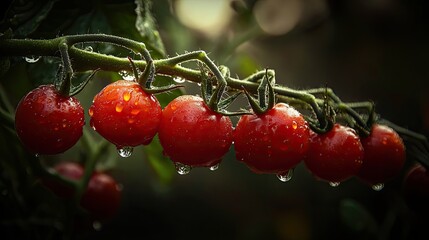 Wall Mural - Ripe Red Tomatoes with Dewdrops on a Vine