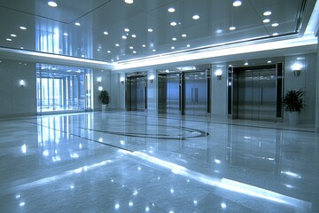 Poster - The bright lobby features sleek marble floors and multiple elevator doors, all enhanced by natural light streaming in. Generative AI