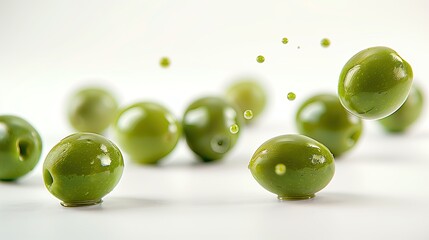 Wall Mural - Green Olives Falling Across an Isolated White Background, Ripe Food and Culinary Studio Action Photography Harvest Backdrop, Restaurant Menu Wallpaper Cookbook Recipe Ingredient, Farm Fresh Design