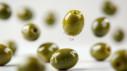 Wall Mural - Green Olives Falling Across an Isolated White Background, Ripe Food and Culinary Studio Action Photography Harvest Backdrop, Restaurant Menu Wallpaper Cookbook Recipe Ingredient, Farm Fresh Design