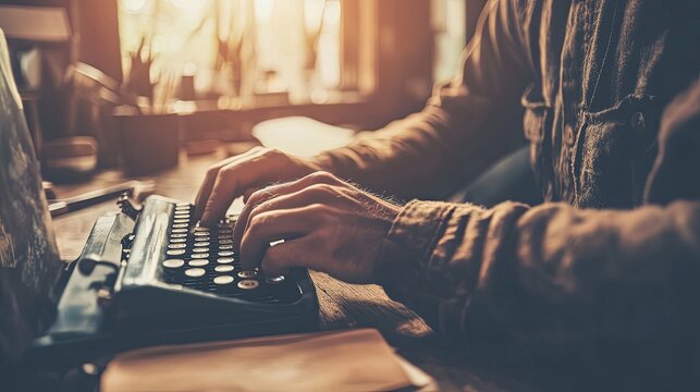 Vintage Writer's Focus: Typing on a Typewriter Amidst Minimalist Light and Soft Blur, a Minimalist Style Close-up on Creativity and Nostalgia
