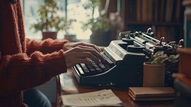 Vintage Writer's Focus: Typing on a Typewriter Amidst Minimalist Light and Soft Blur, a Minimalist Style Close-up on Creativity and Nostalgia