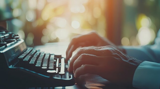 Vintage Writer's Focus: Typing on a Typewriter Amidst Minimalist Light and Soft Blur, a Minimalist Style Close-up on Creativity and Nostalgia