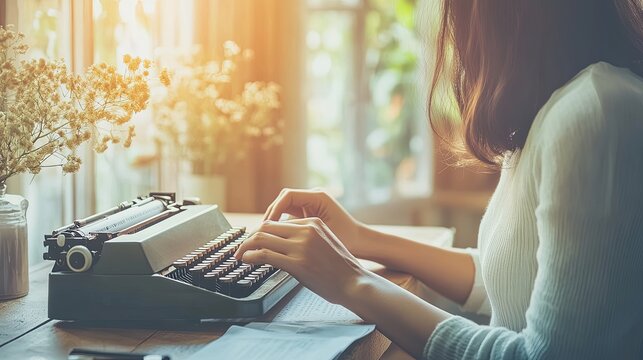 Vintage Writer's Focus: Typing on a Typewriter Amidst Minimalist Light and Soft Blur, a Minimalist Style Close-up on Creativity and Nostalgia