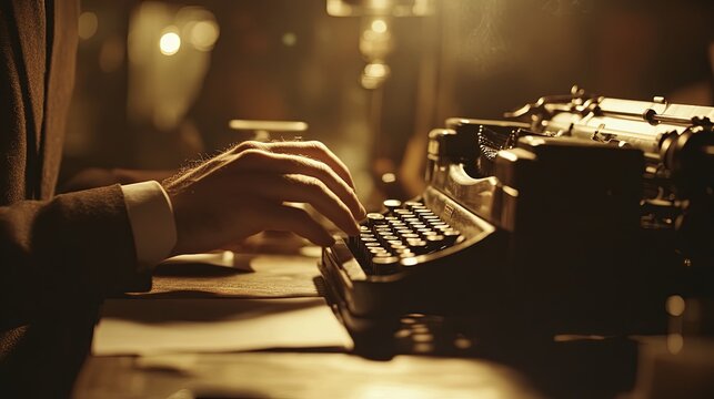 Vintage Writer's Focus: Typing on a Typewriter Amidst Minimalist Light and Soft Blur, a Minimalist Style Close-up on Creativity and Nostalgia