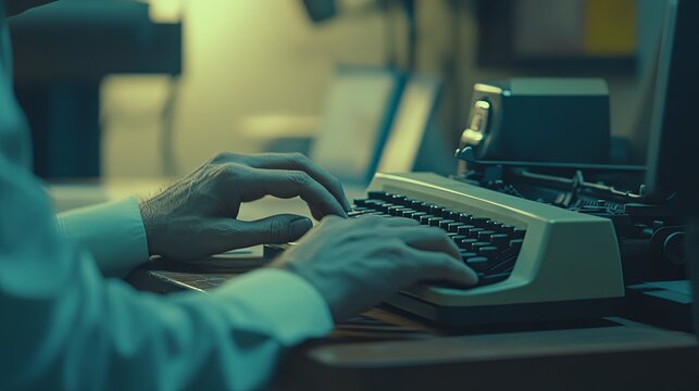 Vintage Writer's Focus: Typing on a Typewriter Amidst Minimalist Light and Soft Blur, a Minimalist Style Close-up on Creativity and Nostalgia