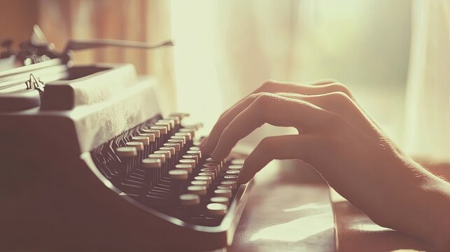 Vintage Writer's Focus: Typing on a Typewriter Amidst Minimalist Light and Soft Blur, a Minimalist Style Close-up on Creativity and Nostalgia