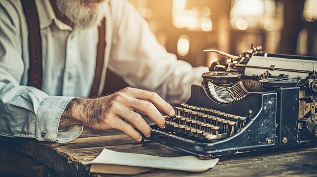 Vintage Writer's Focus: Typing on a Typewriter Amidst Minimalist Light and Soft Blur, a Minimalist Style Close-up on Creativity and Nostalgia