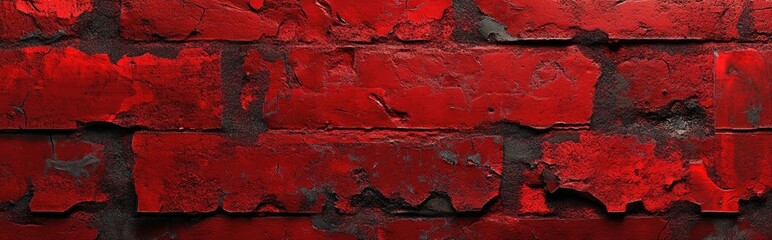Poster - 3D rendering of a close up view of an aged red brick stone wall featuring an abstract design with a bright red color and uneven cracked surface providing blank space for design