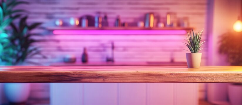 3D rendering of a kitchen table background with a wooden countertop in a blurred white clean abstract home interior featuring bokeh ideal for product display or montage for a dining setting