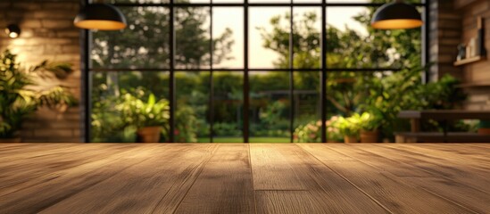 3D rendering of a wooden tabletop with a blurred kitchen background featuring a country style design and large windows showcasing a garden