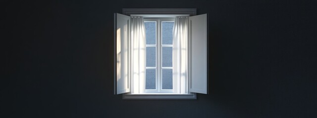 Poster - 3D rendering of an open window with white curtains showcasing a darkened interior with selective focus and noise effect