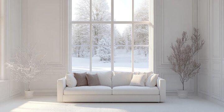 3D rendering of a white room featuring a sofa and a winter landscape view through the window showcasing Scandinavian interior design
