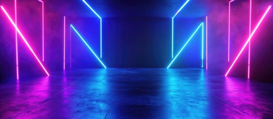 Poster - 3D rendering of a vacant stage featuring neon blue and purple lights complemented by a laser show with futuristic shapes against a dark backdrop Abstract dark setting illuminated by neon glow