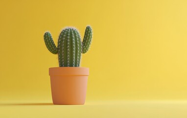 3D rendering of a small cactus plant in a pot on a yellow isolated background