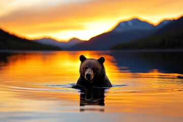 Poster - A bear fishing in a serene mountain lake at dawn, with the water reflecting the first light of day and the peaceful surroundings