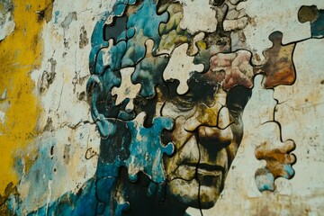 Wall Mural - A textured abstract painting of an elderly mans face with puzzle pieces missing symbolizing the fragmented nature of memory aging and the complexities of human cognition over time