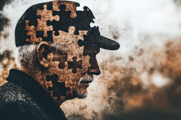 Wall Mural - Mysterious silhouette of a man with puzzle pieces on his face symbolizing the complexity of human identity and the search for self understanding in a fragmented world