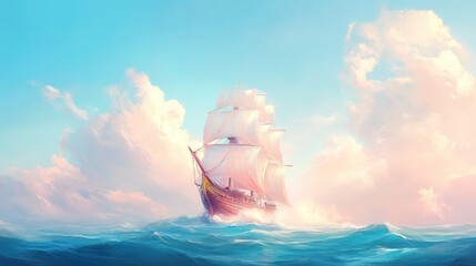 A large ship sails through the ocean with a beautiful blue sky in the background