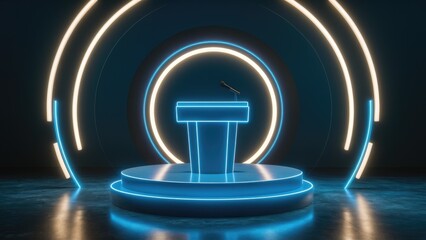 Poster - 3D Blue Podium with Illuminated Neon Circle in Dimly Lit Environment - Technology Concept, Product Display, Mockup Showcase