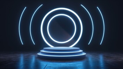 Poster - 3D Blue Podium with Illuminated Neon Circle in Dimly Lit Environment - Technology Concept, Product Display, Mockup Showcase