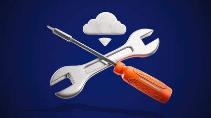 Poster - 3D Illustration of Wrench and Screwdriver with Cloud WiFi - Service Concept