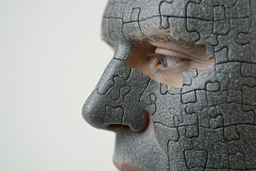 Poster - Abstract portrait of a man with a puzzle piece face symbolizing the search for identity and the challenges of assembling the self in a fragmented world