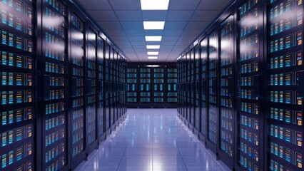 Poster - 3D Illustration of a Data Center with Servers and Folders