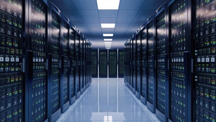 Poster - 3D Illustration of a Data Center with Servers and Folders