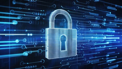 Poster -  3D Illustration of a Safety Concept Featuring a Closed Padlock Against a Digital Background