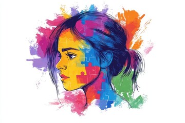 Wall Mural - Colorful abstract portrait of a woman with splashes of paint symbolizing the creative chaos and vibrant energy of the artistic mind and imagination