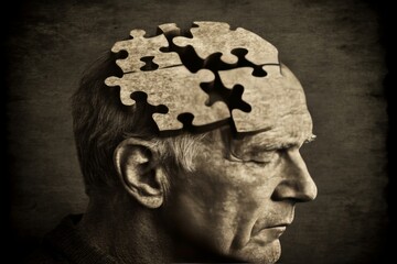 Poster - Aging man with puzzle pieces forming his head symbolizing the challenges of memory loss and the fragmented nature of thoughts in elderly minds