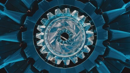 Poster -  3D Rendering of Blue Glass Gear Mechanism