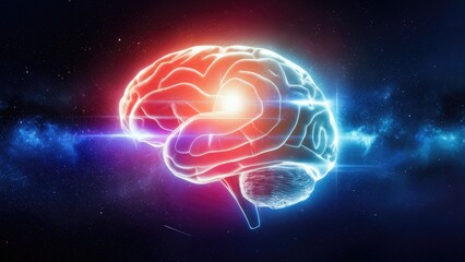 Poster -  3D illustration of a brain in a cosmic setting, exploring futuristic science concepts.