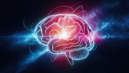 Poster -  3D illustration of a brain in a cosmic setting, exploring futuristic science concepts.
