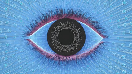 Poster -  3D illustration of biometric eye scanning technology on a white background.