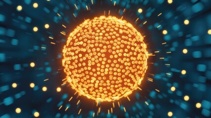 Poster - 3D illustration of glowing circular dots on a blue background.