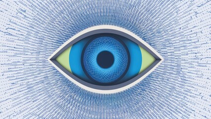 Poster -  3D illustration of biometric eye scanning technology on a white background.
